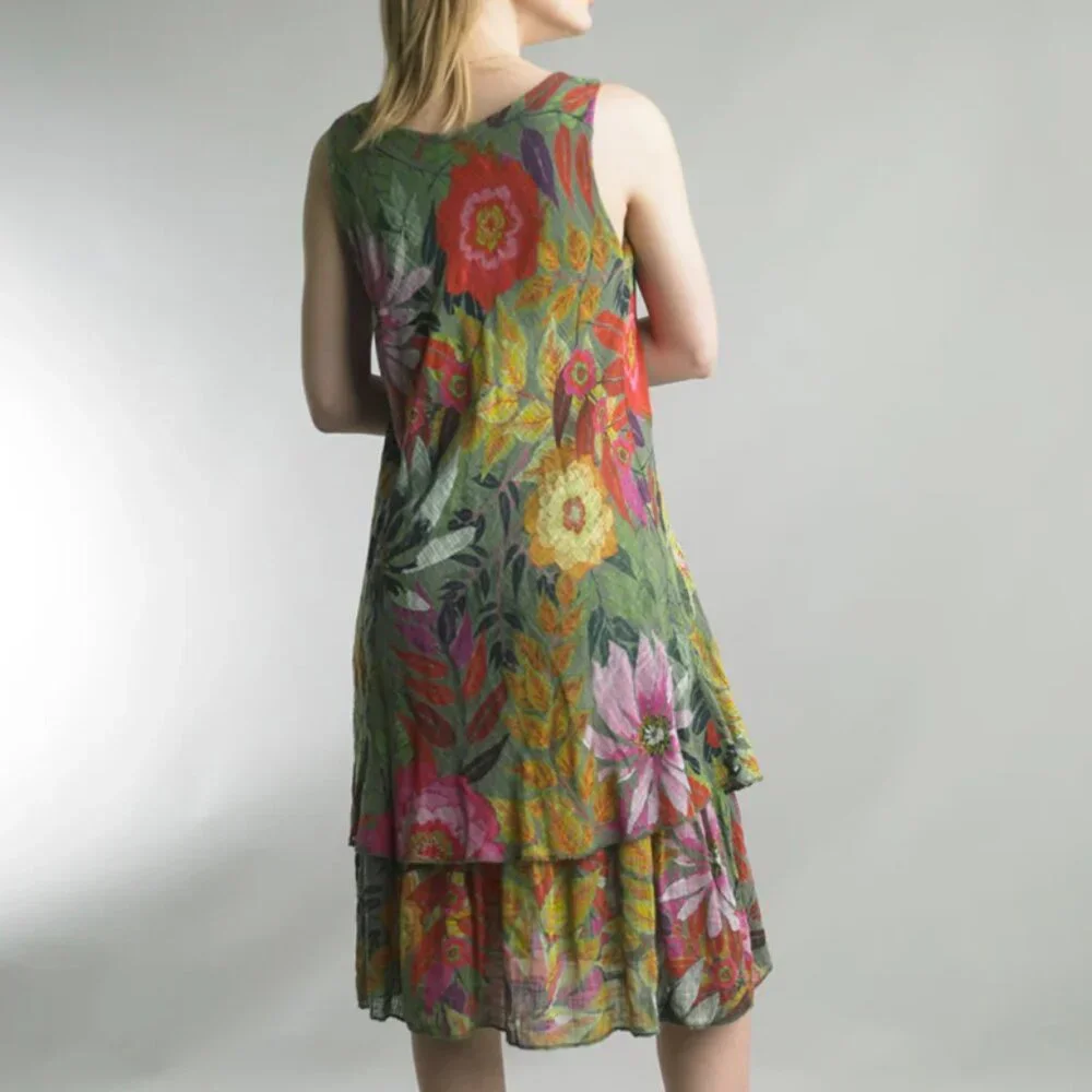 NEW TEMPO PARIS Vintage Cotton Gauze Dress Olive Floral Size L